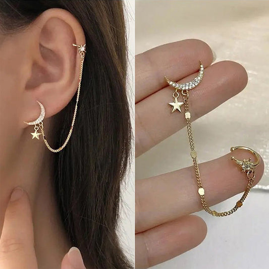 1pc New Fashion Gold Color Moon Star Clip Earrings For Women Simple